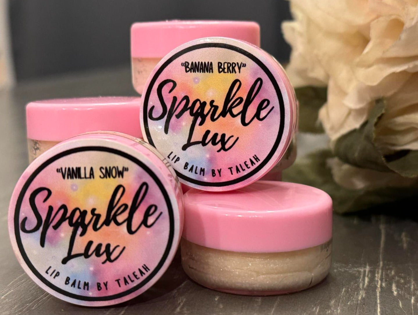 Sparkle Lux Lip Balm By Taleah Banana Berry  banana and mixed berry close up image combo image