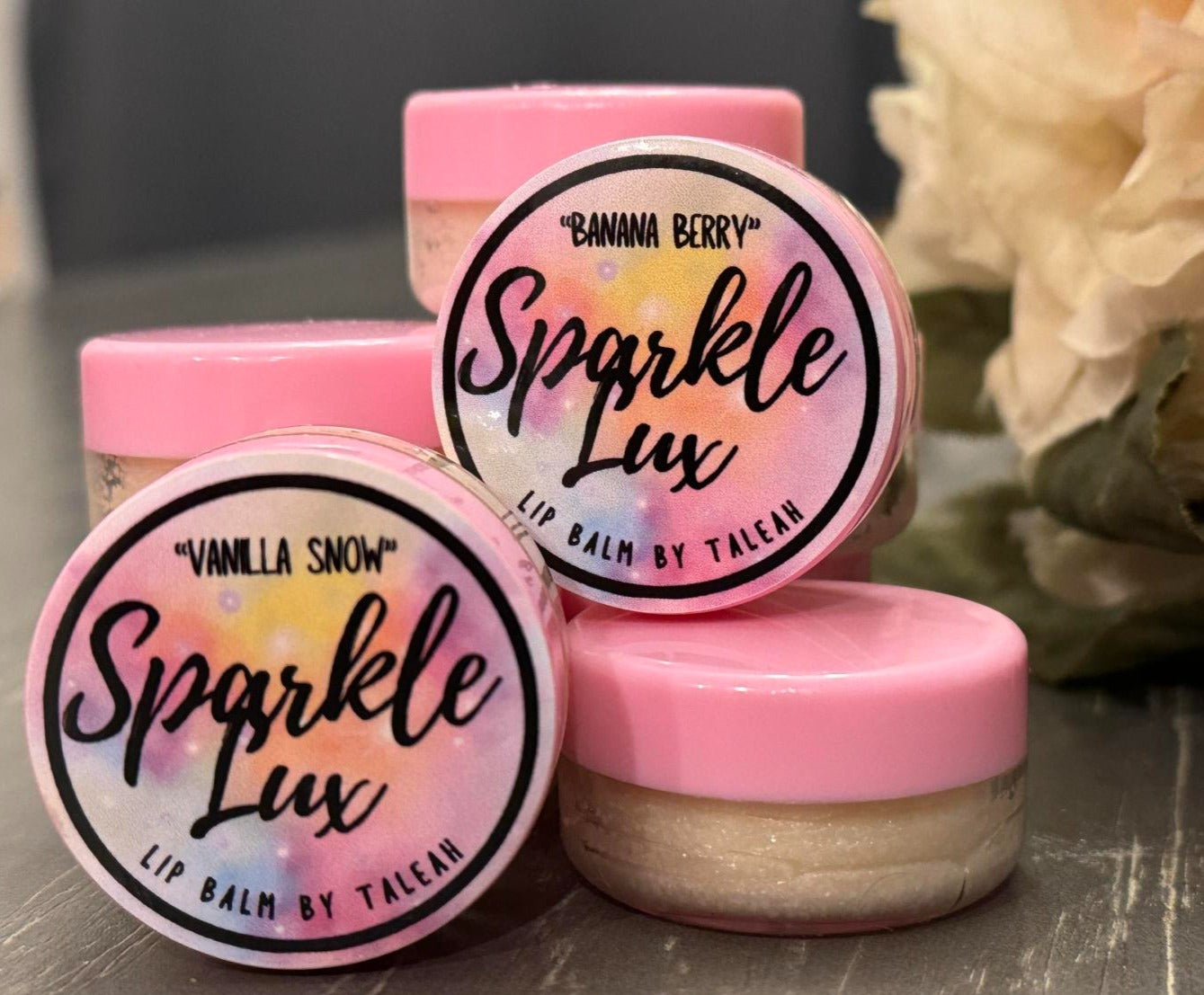 Sparkle Lux Lip Balm By Taleah Vanilla Snow & Banana Berry combo close up image